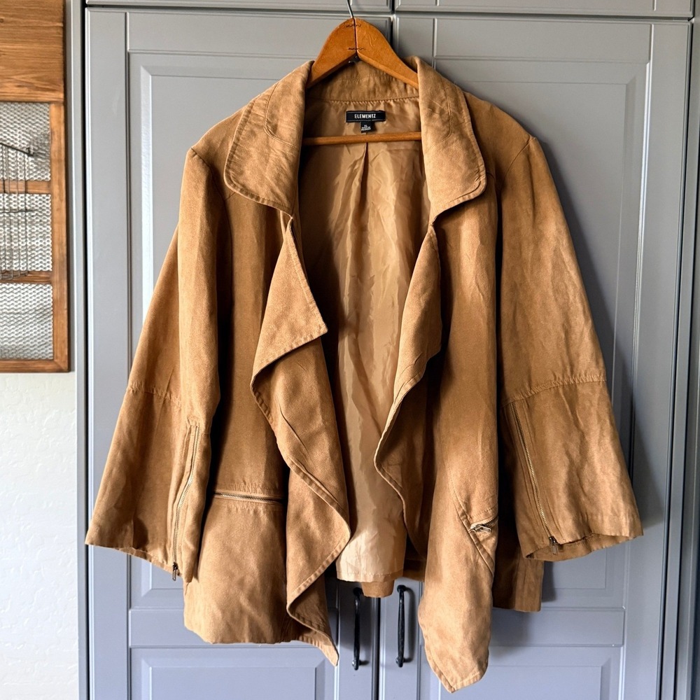 Elementz Women Faux Suede Waterfall Drape Jacket, Tan, XL